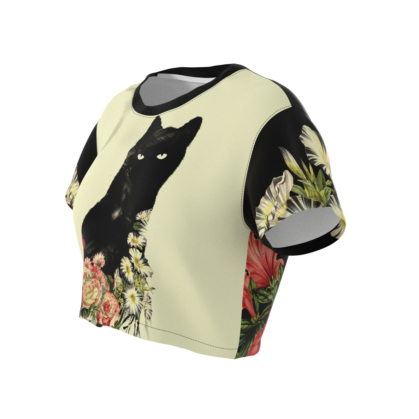 Black Cat Vintage Flowers Crop Top